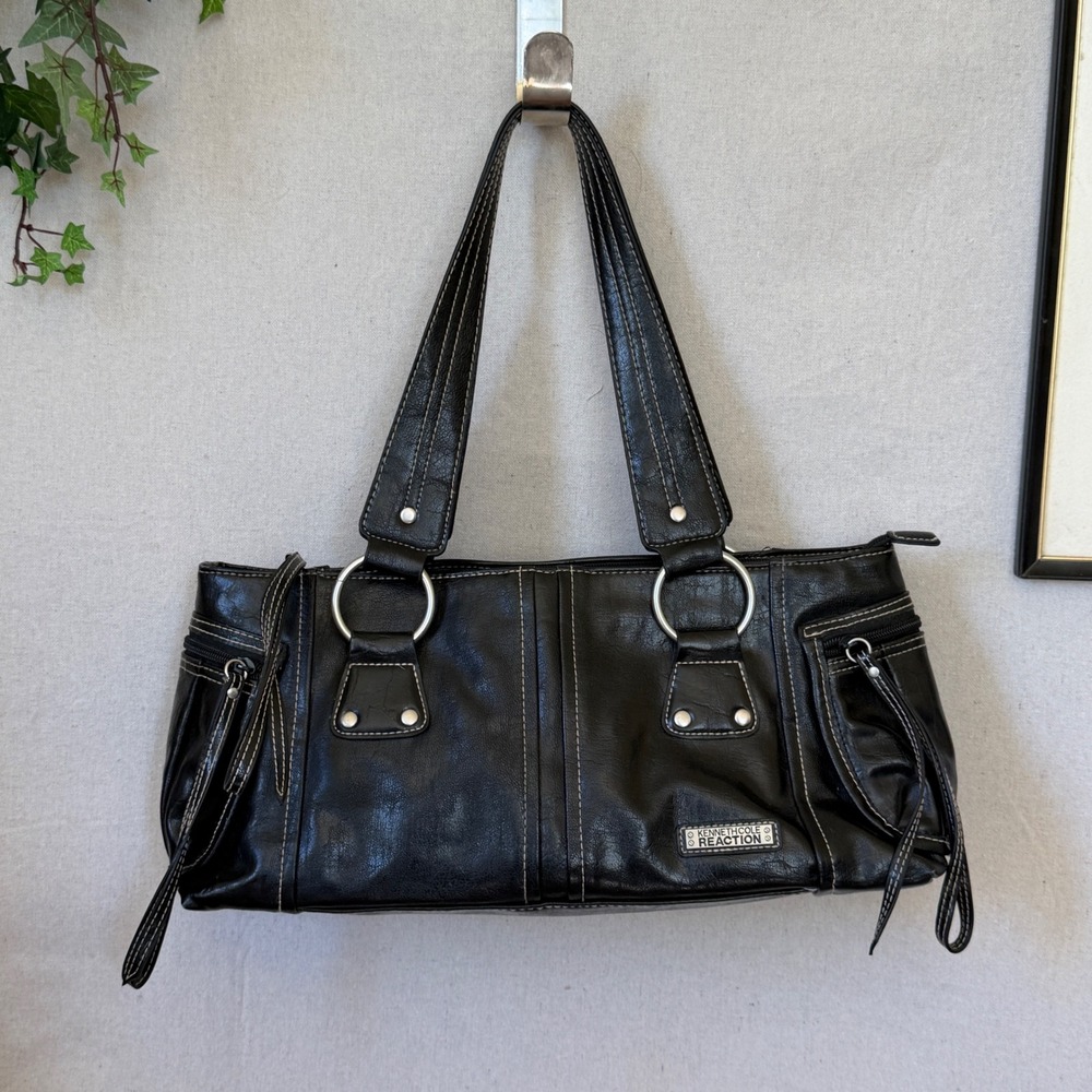 Black Faux Leather Bag Zip-Up Indie Sleaze Y2K O-Ring Silver Hardware Moto